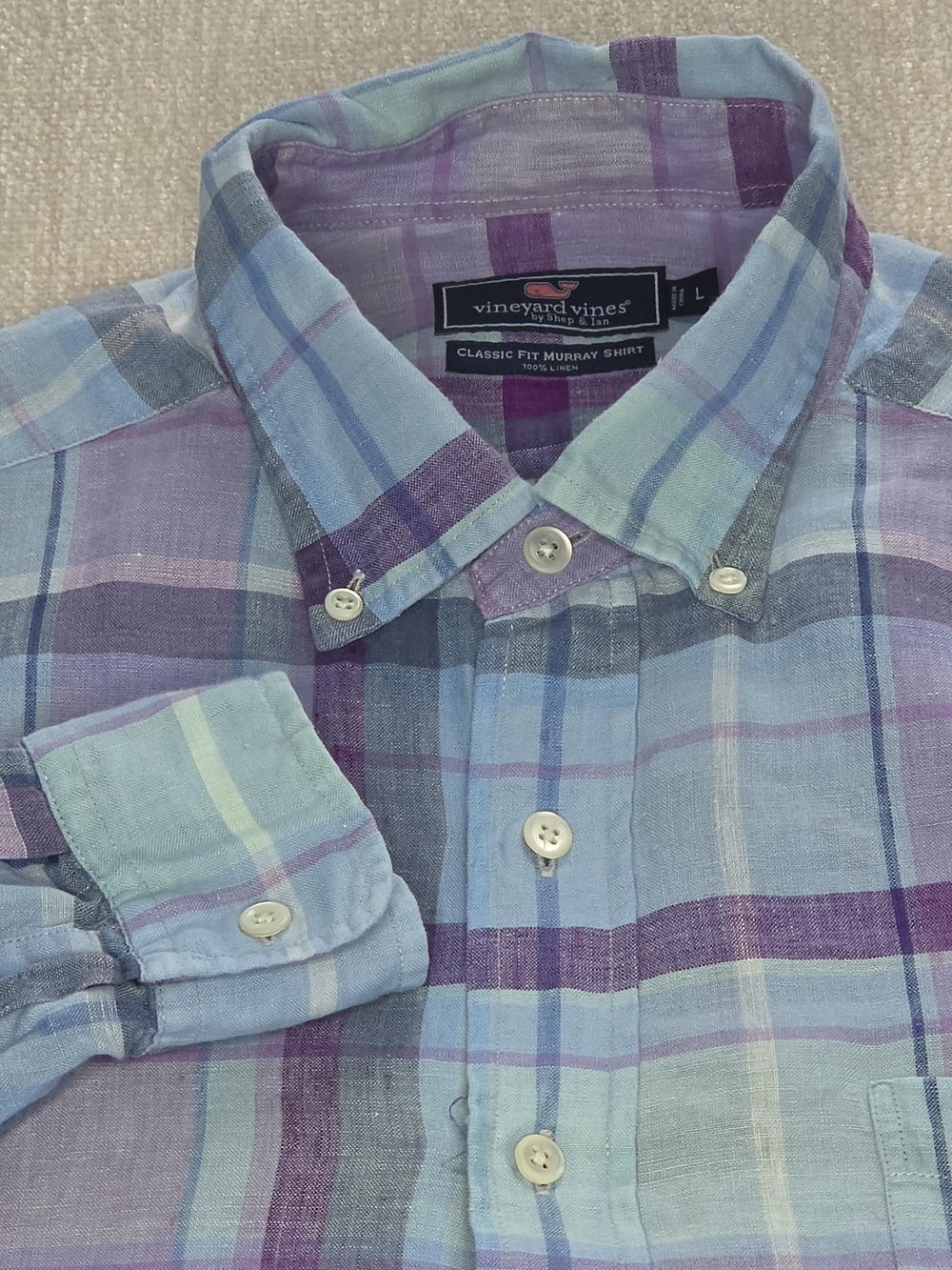 Vineyard Vines Murray Shirt Mens Large 100% Linen Plaid Blue Purple Button Down